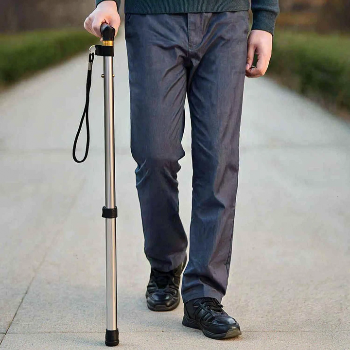 Unisex telescopic folding walking cane for reliable mobility support.