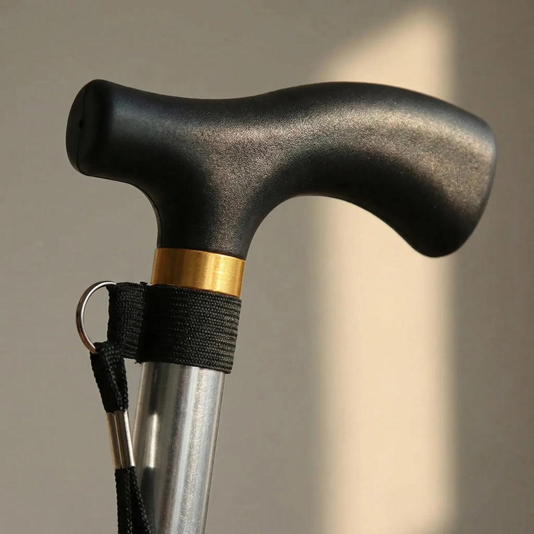 Adjustable aluminum telescopic walking cane for personalized mobility support.