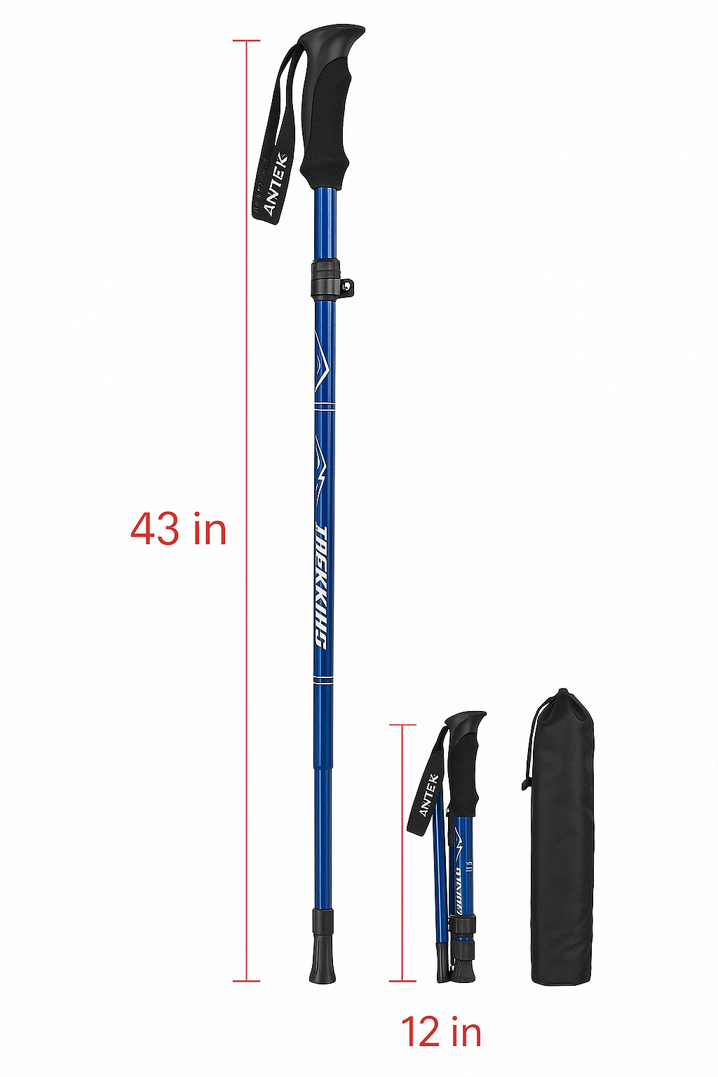 Blue unisex telescopic walking poles for hiking & trekking. Provides stability aid on any trail adventure.
