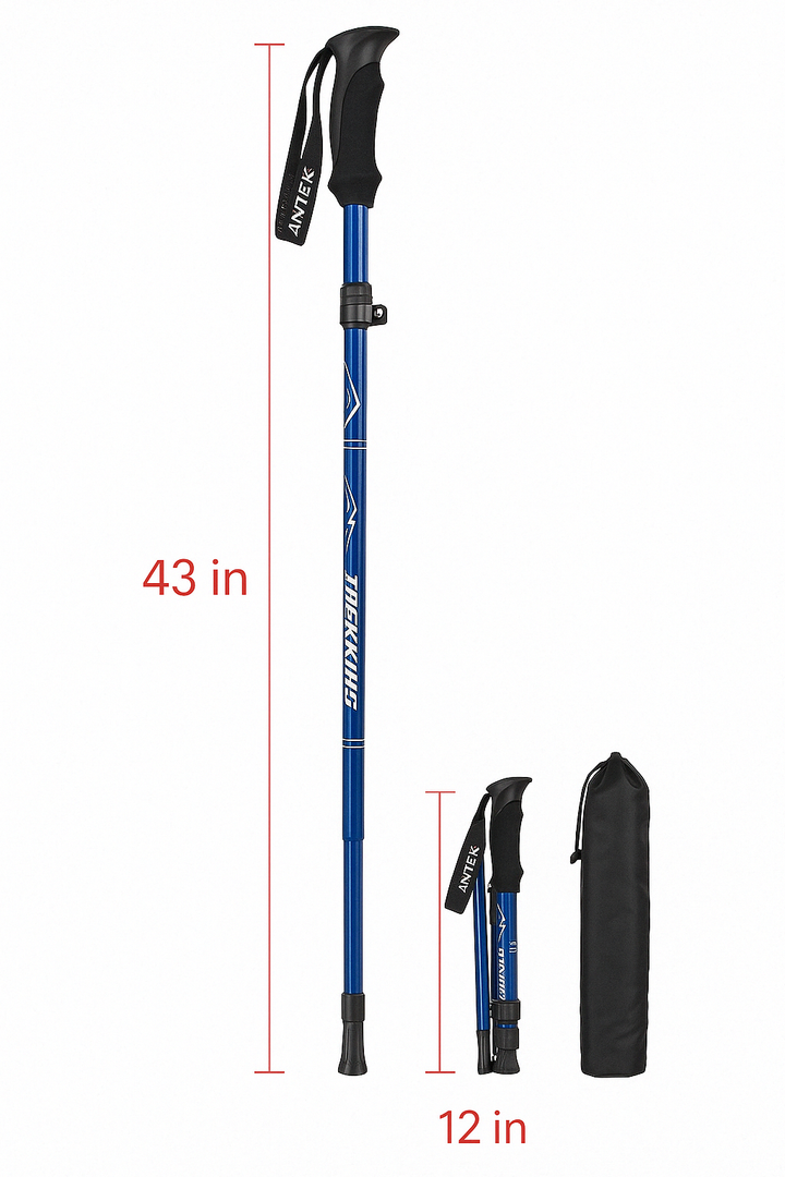 Blue unisex telescopic walking poles for hiking & trekking. Provides stability aid on any trail adventure.