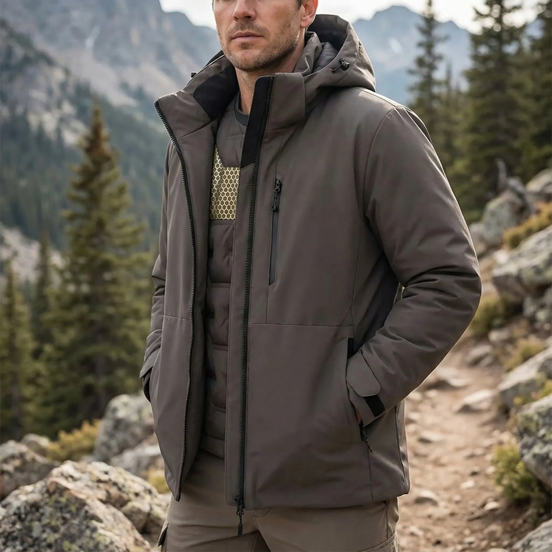 Unisex thermal hooded windbreaker jacket for cold weather protection & warmth.