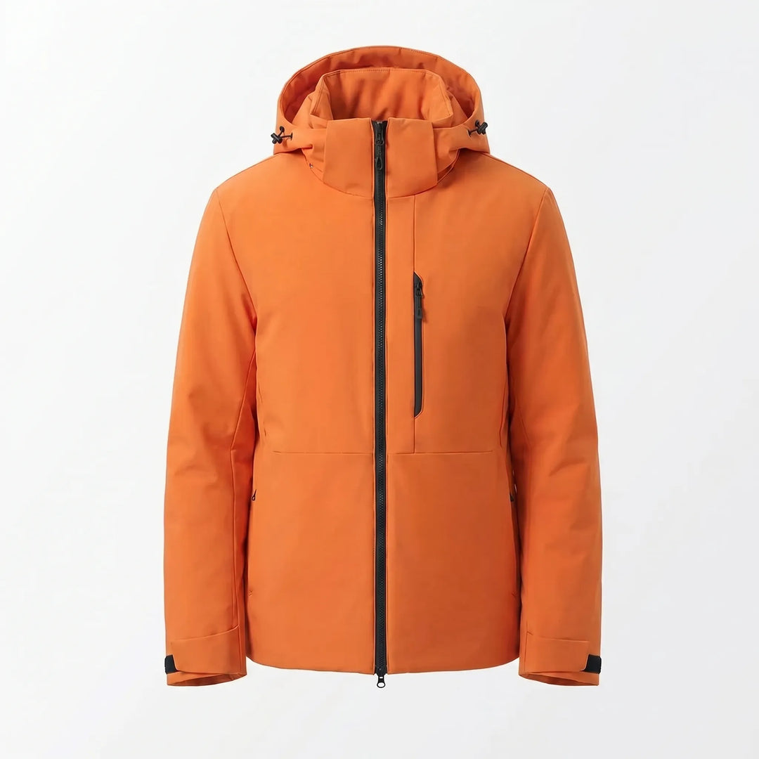 Practical unisex cold weather jacket, a hooded windbreaker with thermal lining for outdoor enthusiasts.