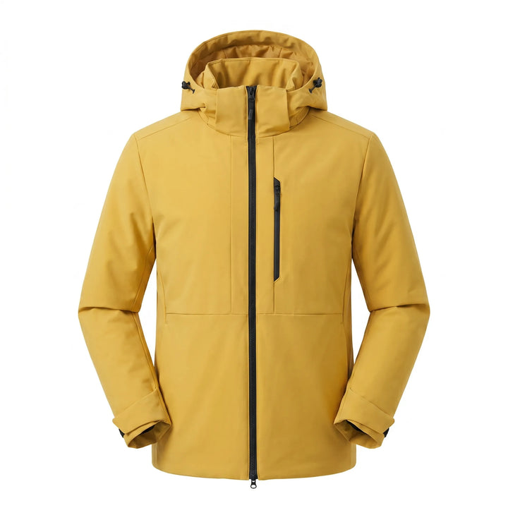 Activewear hooded thermal jacket, designed for unisex use in cold, windy outdoor environments.