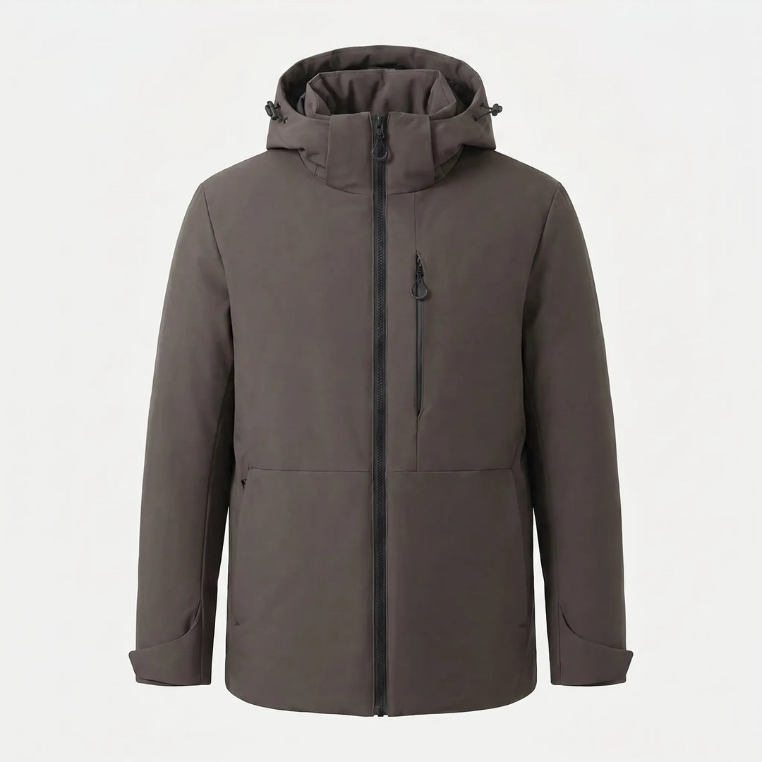 Insulated thermal windbreaker with hood, ensuring unisex comfort and warmth for winter hiking & camping.