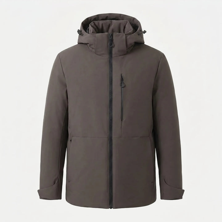 Insulated thermal windbreaker with hood, ensuring unisex comfort and warmth for winter hiking & camping.