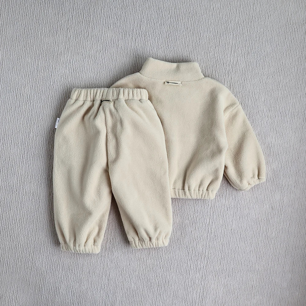 Warm gray fleece hoodie and sweatpants, perfect toddler set for cooler weather