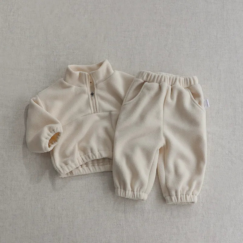 Matching gray fleece pants for infants, perfect for a cozy toddler set
