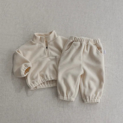 Matching gray fleece pants for infants, perfect for a cozy toddler set