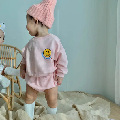 Toddler unisex cotton set with bright smiley face sweatshirt and breathable short pants