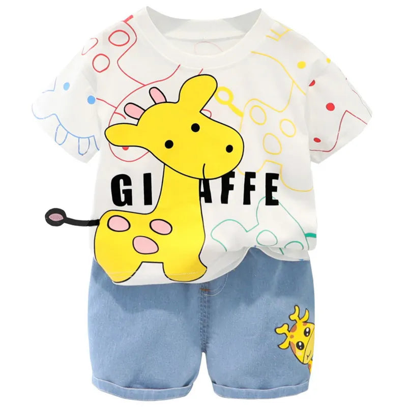 Unisex toddler summer cartoon t-shirt and shorts set, cotton blend playwear outfit