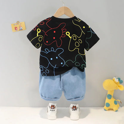 Vibrant cartoon t-shirt and solid shorts set, unisex toddler summer attire