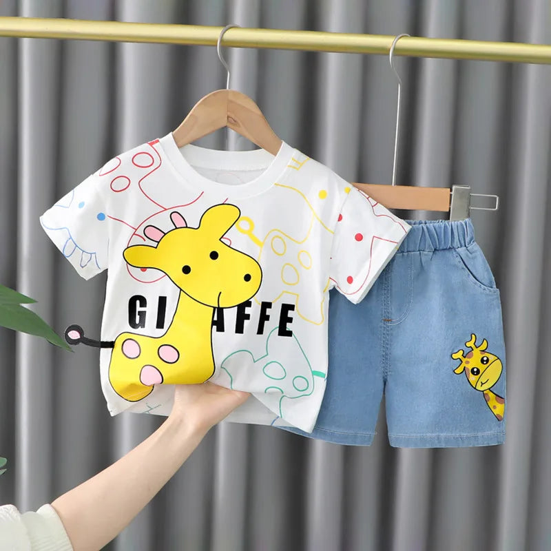 Cute unisex baby clothes: summer cartoon t-shirt and matching shorts, easy dressing