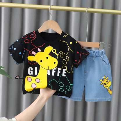 Playful cartoon print unisex toddler t-shirt and shorts, ideal summer casual wear