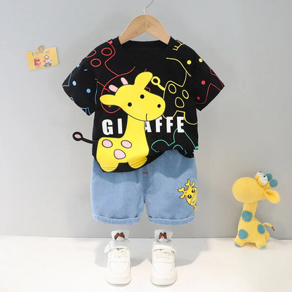 Adorable baby fashion: summer t-shirt and shorts set with fun cartoon graphics