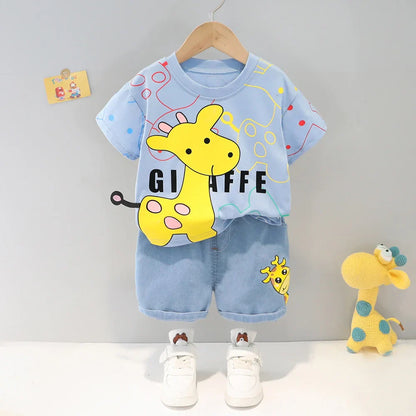 Casual unisex toddler summer set: O-neck cartoon t-shirt and easy pull-on shorts