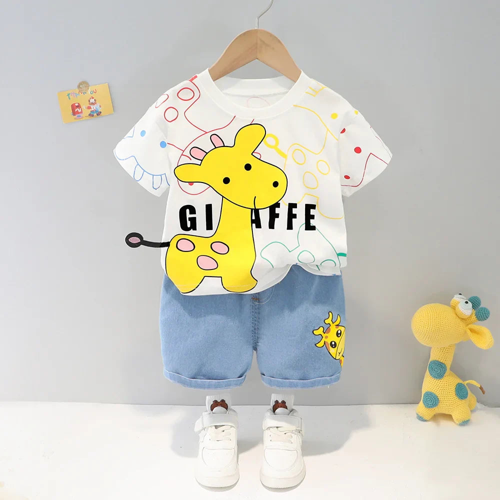 Cotton blend unisex toddler playwear: cartoon t-shirt and shorts for active kids