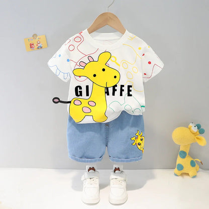 Cotton blend unisex toddler playwear: cartoon t-shirt and shorts for active kids