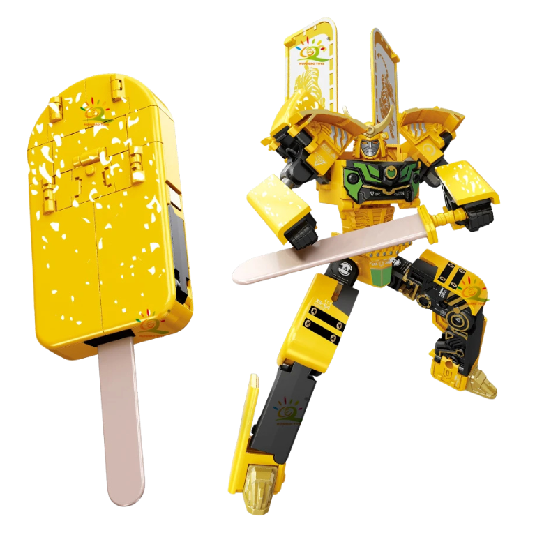 Close-up of a multicolor transforming ice cream robot toy, ideal for children's gifts and creative play