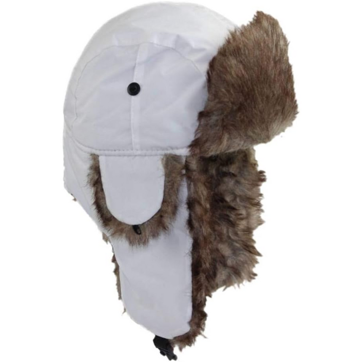 Stylish unisex trooper hat with ear flaps & warm faux fur for men & women's winter adventures.