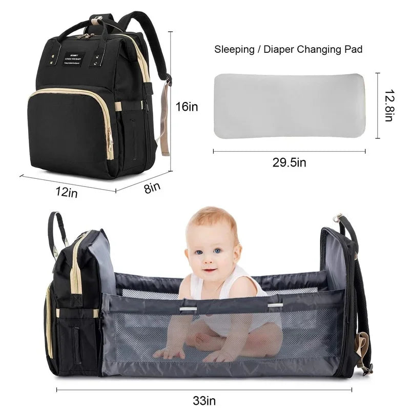 Ultimate baby travel companion: unisex diaper bag with built-in crib & changing area.