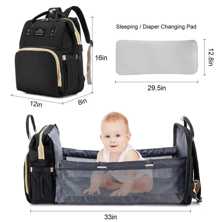 Ultimate baby travel companion: unisex diaper bag with built-in crib & changing area.