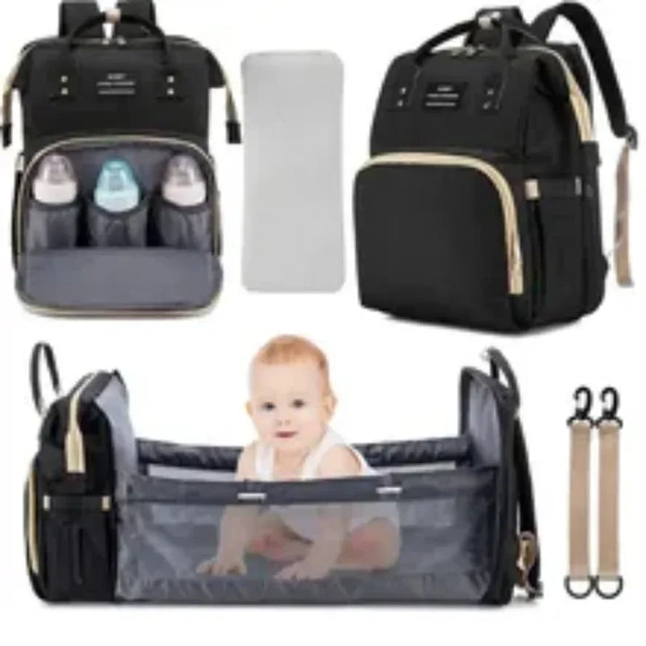 Multifunctional diaper backpack with a portable baby changing station and crib.
