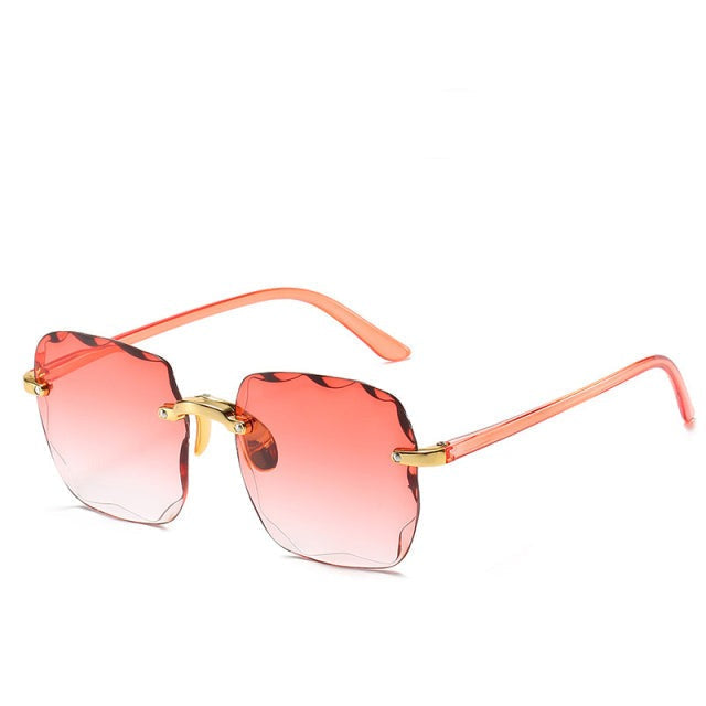 Square lens rimless sunglasses, a lightweight unisex accessory for summer style & UV400 eye protection.