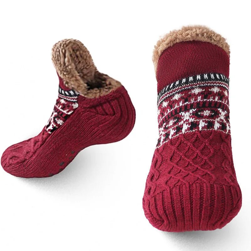 Feet wrapped in ultra-soft cozy unisex house socks, enjoying warmth and comfort indoors.