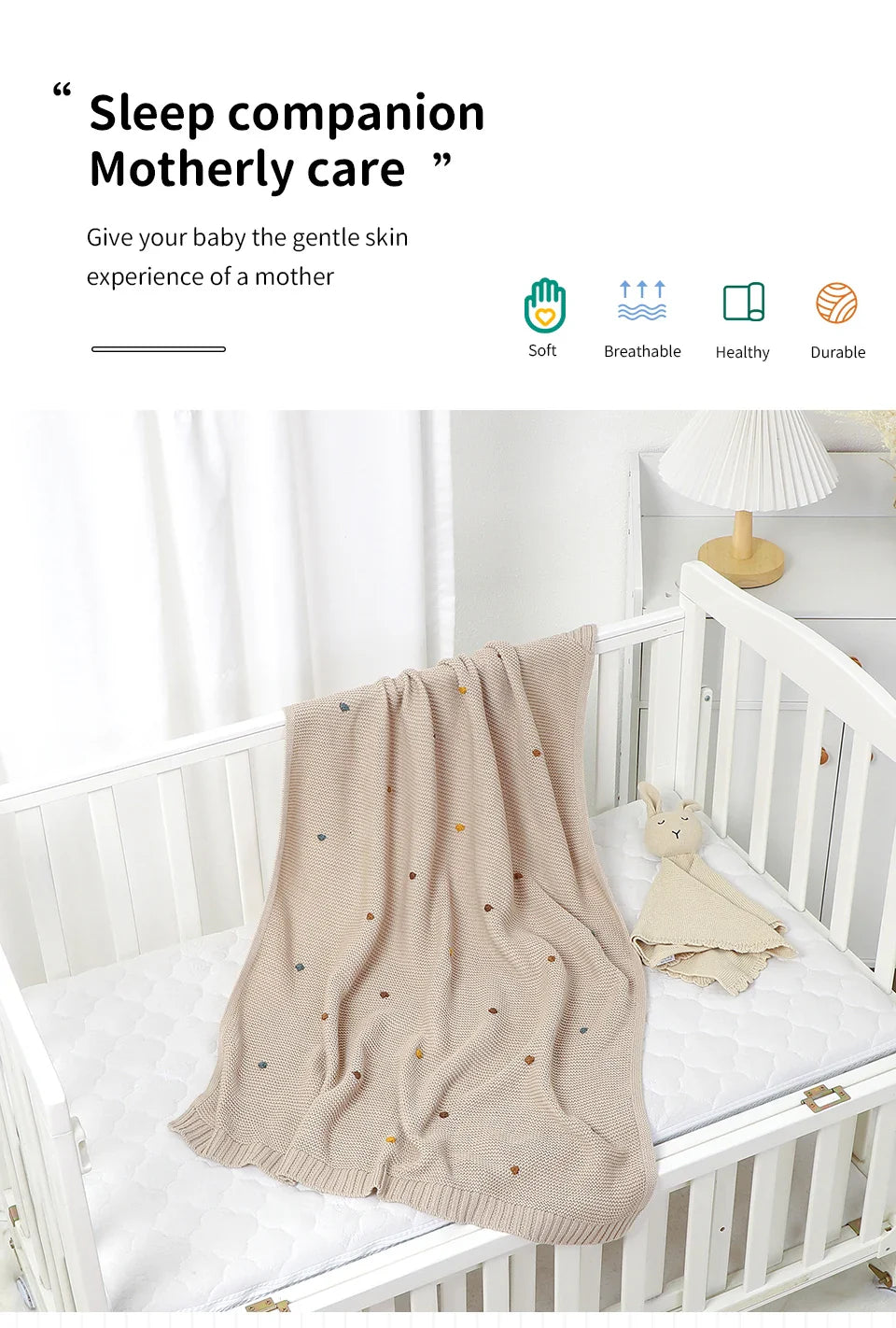Close-up of the breathable knit fabric of the ultra-soft baby blanket, perfect for all weather