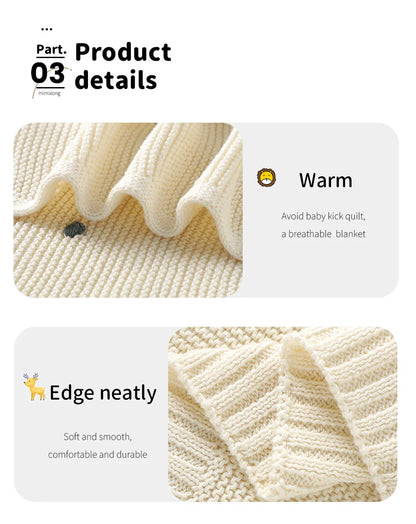 Hand holding a knitted baby blanket, demonstrating its plush and comforting feel for infants