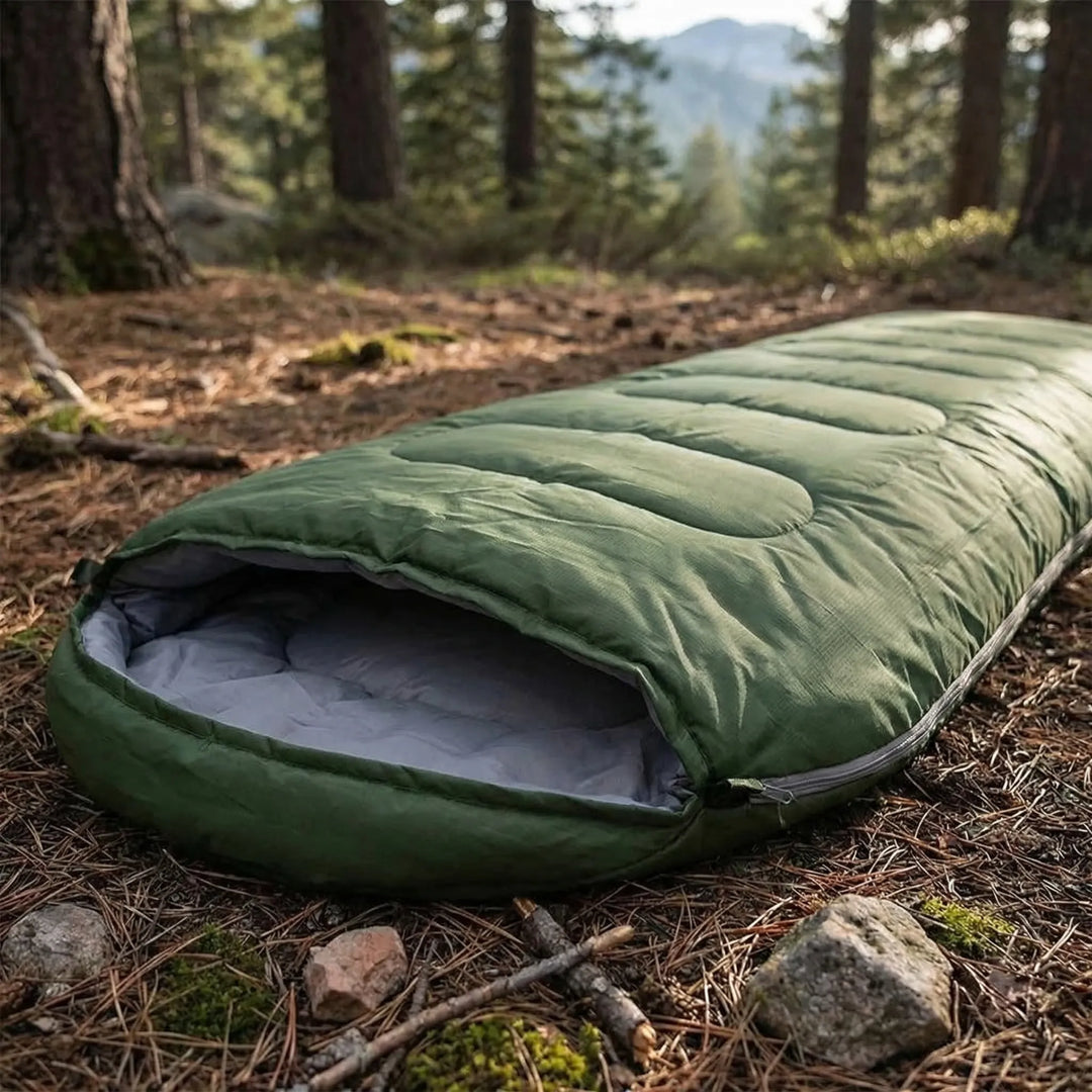 Unisex ultralight 4-season envelope sleeping bag, fully opened, ideal for camping, hiking, and travel.