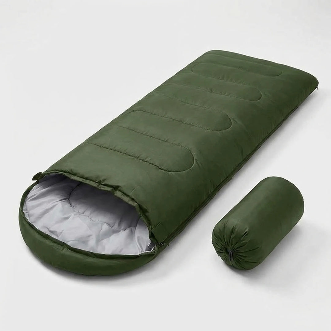 Compact, portable ultralight 4-season sleeping bag, rolled up for easy packing on camping & hiking adventures.
