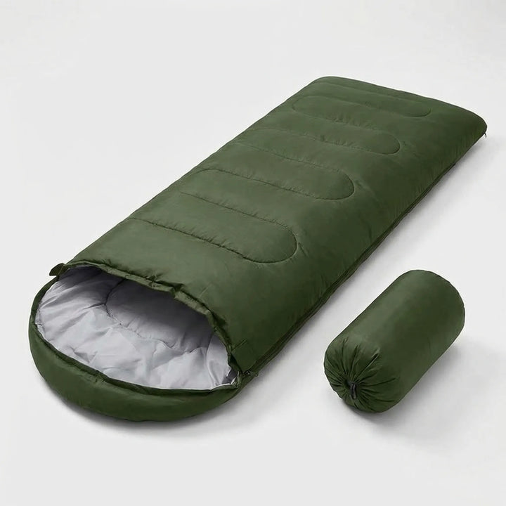 Compact, portable ultralight 4-season sleeping bag, rolled up for easy packing on camping & hiking adventures.
