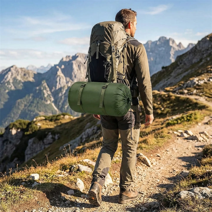 Close-up of durable, water-repellent fabric of a unisex ultralight 4-season envelope sleeping bag for outdoor gear.