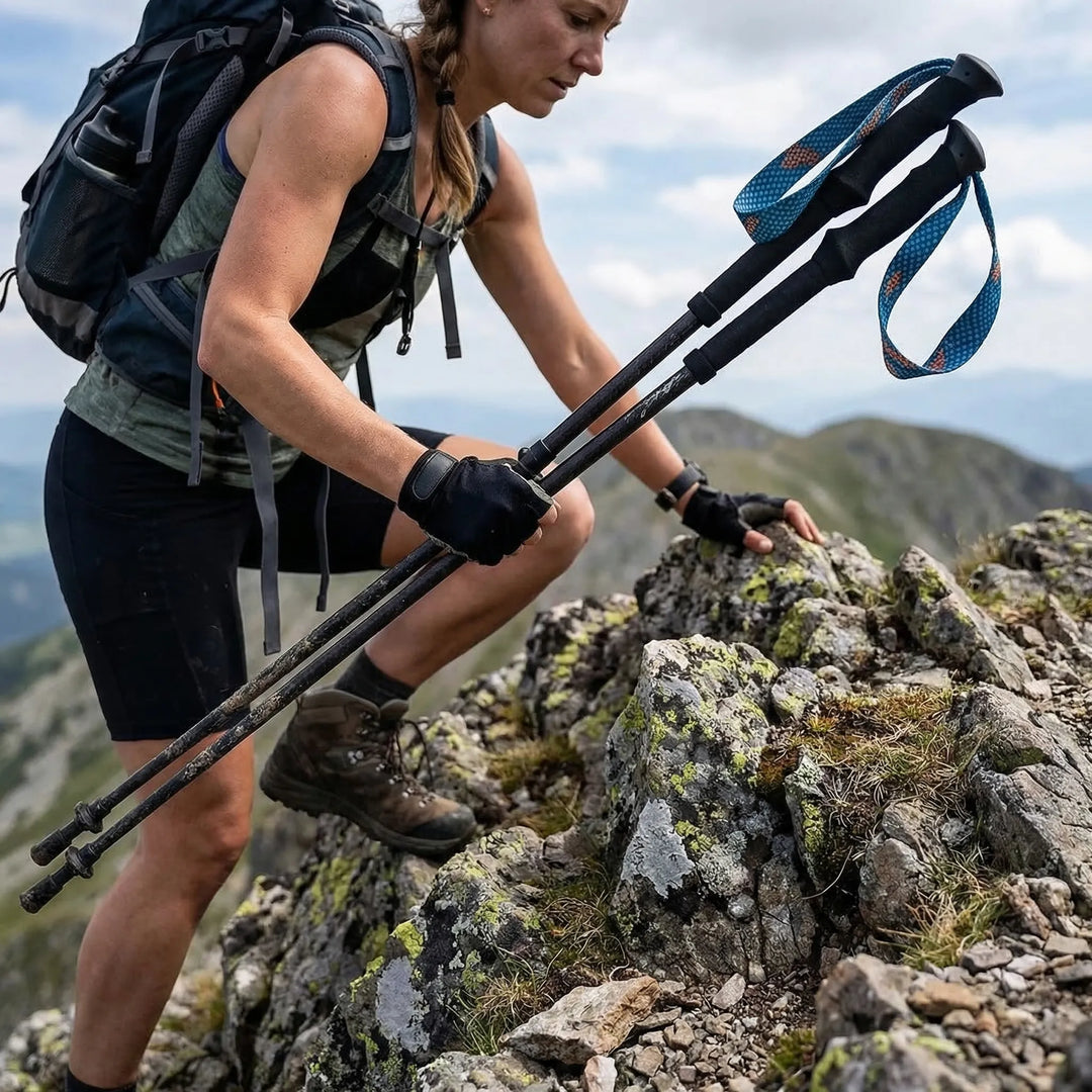 Unisex ultralight collapsible carbon fiber trekking poles for hiking, walking, and backpacking adventures.