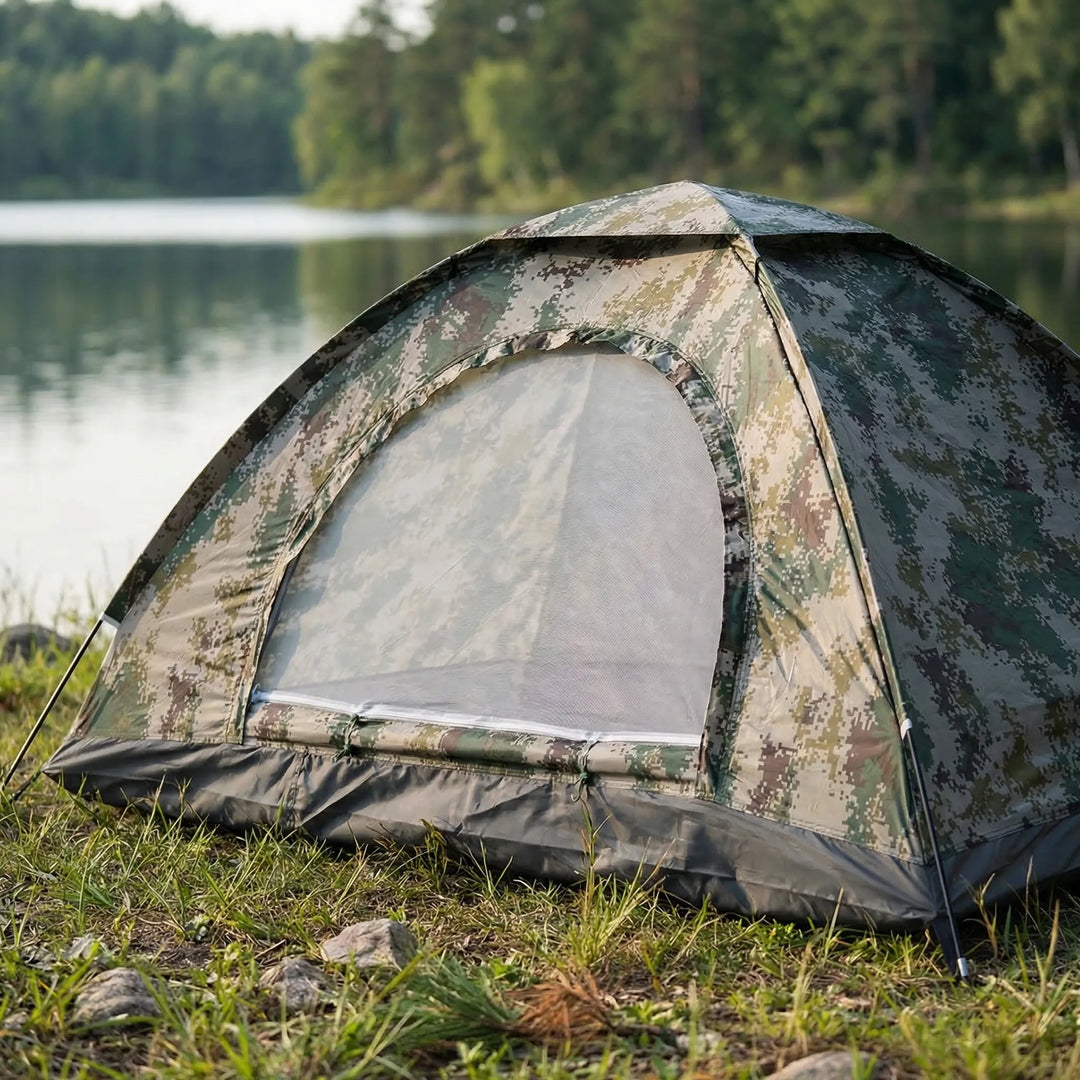Unisex ultralight dome tent pitched in a mountain landscape, perfect for backpacking and camping adventures.