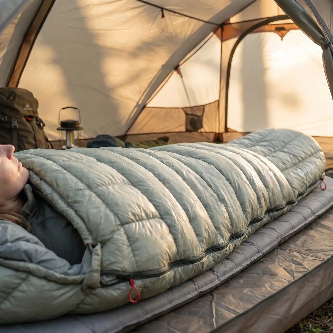Unisex ultralight down mummy sleeping bag for backpacking & camping. Warm, insulated outdoor gear for travel.