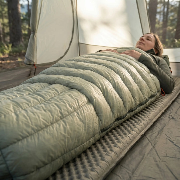 Ultralight down mummy sleeping bag, perfect for backpacking. Warm, compact, and insulated for outdoor adventures.
