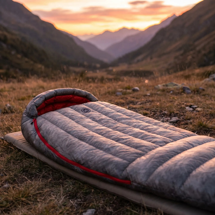 Compact ultralight mummy down sleeping bag, perfect for backpacking and minimal outdoor gear.