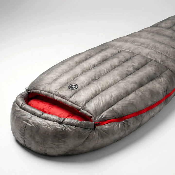 Warm ultralight mummy down sleeping bag for 3-season camping, offering superior insulation.