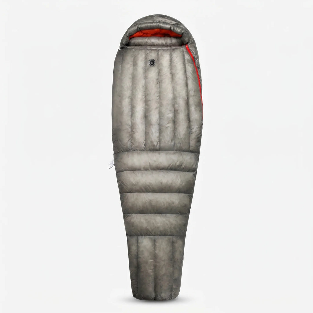 Premium ultralight mummy down sleeping bag, compact 3-season outdoor gear for backpacking.
