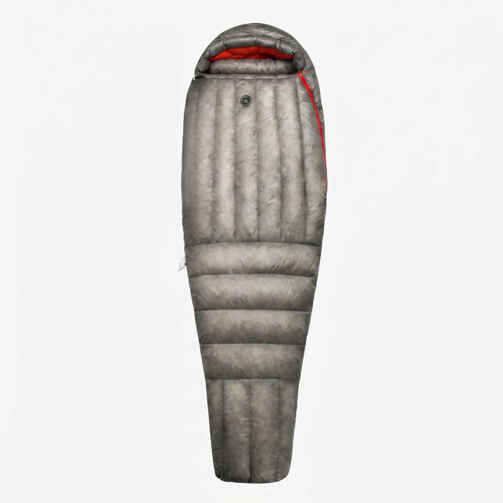 Ergonomic unisex ultralight mummy down sleeping bag, designed for comfortable 3-season backpacking.