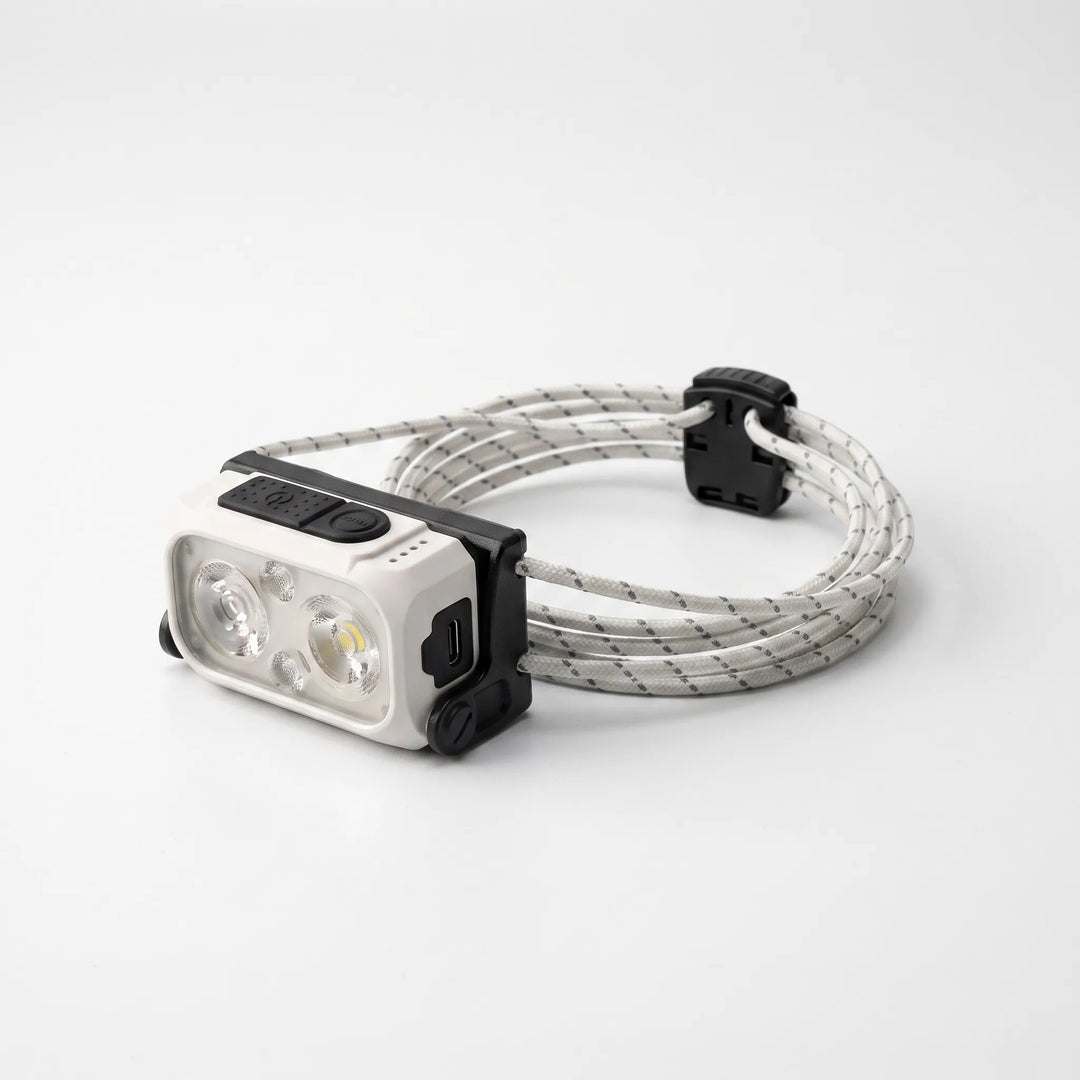 Person wearing unisex ultralight rechargeable headlamp, ideal for night hiking, running, or outdoor work.