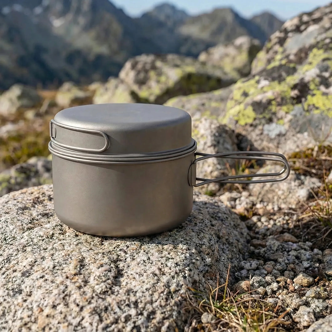 Unisex ultralight titanium folding camp cookware set for hiking & backpacking outdoor meals.