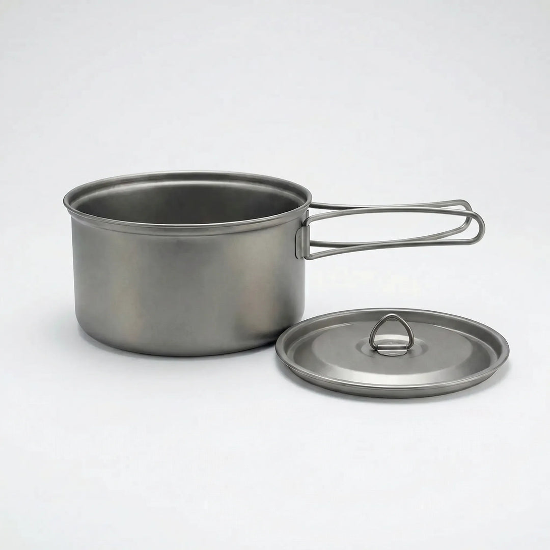 Portable titanium folding mess kit for camping & backpacking; perfect ultralight outdoor cooking gear.