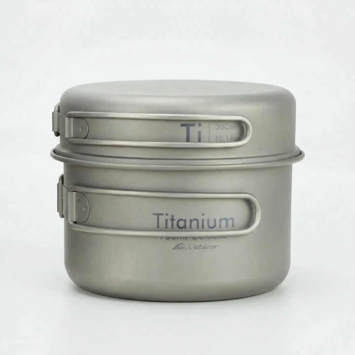 Folding titanium camp cookware set, perfect ultralight solution for backpacking & outdoor cooking.