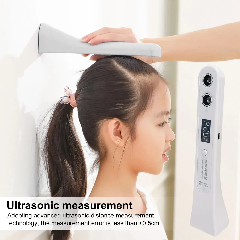 Digital ultrasonic stadiometer, a rechargeable growth tracker for accurate family health and child development monitoring.