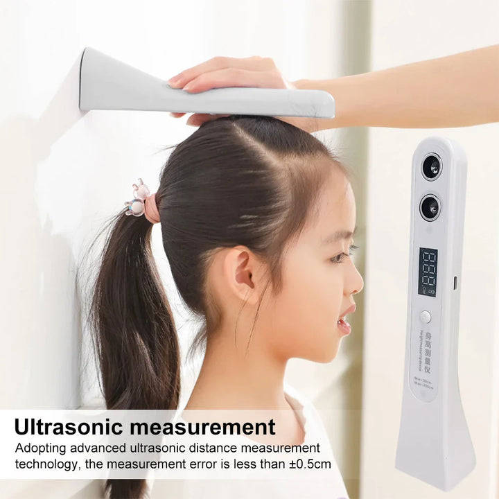 Digital ultrasonic stadiometer, a rechargeable growth tracker for accurate family health and child development monitoring.