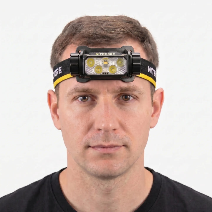 Bright LED headlamp with USB-C rechargeability for trekking, cycling & hands-free illumination in the dark.