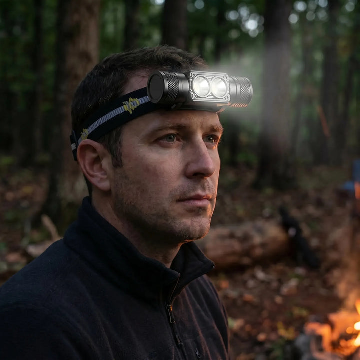 Unisex USB rechargeable LED headlamp with bright light, perfect for hands-free outdoor activities & camping.